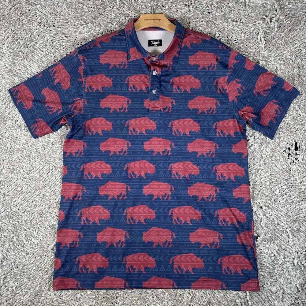 Waggle Polo Shirt Mens Large Bison Animal Print Aztec Short Sleeve Golf Stretch - Picture 2 of 5